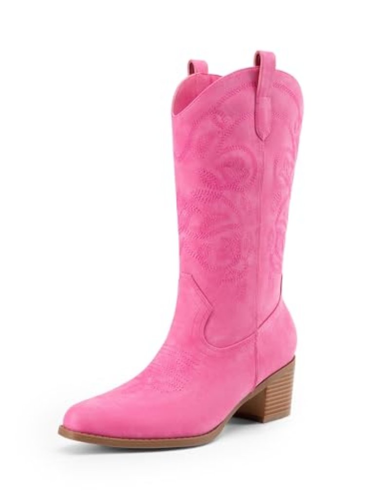 Womens Cowboy Boots Embroidery Western Cowgirl Boots V Cut - Pink-Nubuck